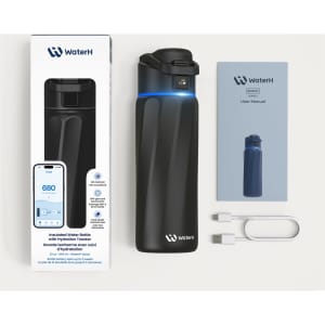 A drink bottle in black, featuring an insulated design, hydration tracker, and a logo, alongside a user manual and USB cable.