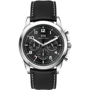 A black unisex watch featuring a leather strap, silver accents, and a black dial with white and red details.