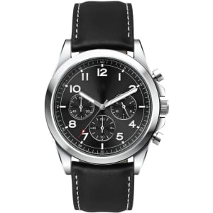A unisex watch featuring a black leather strap and a silver stainless steel case with a black dial and chronograph functions.