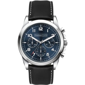 A silver chronograph watch with a blue dial and black leather strap, featuring white stitching and a logo.