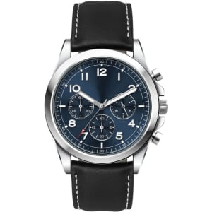 A stylish watch with a blue dial, silver casing, and a black leather strap featuring white stitching.