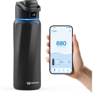 A drink bottle in black with a blue light indicator, alongside a smartphone displaying hydration statistics.
