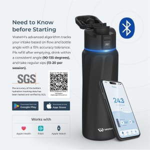 A drink bottle in black with a lid and a blue LED light, accompanied by a smartphone displaying hydration data.