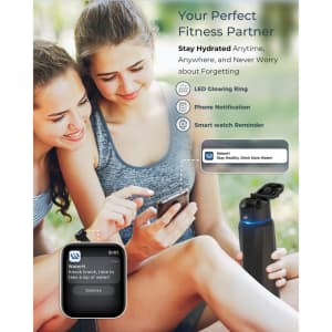 A drink bottle in black and blue with a lid, alongside two people using a smartphone. The bottle has a logo.