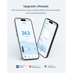 A smartphone displays the WaterH app, featuring hydration tracking and statistics in a clean, modern layout.