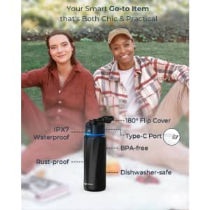 A drink bottle in matte black, featuring a blue accent, with a flip cover and a logo on the lid.