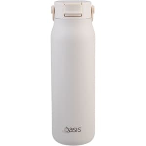 A drink bottle in a soft cream colour with a secure lid and a logo on the side.