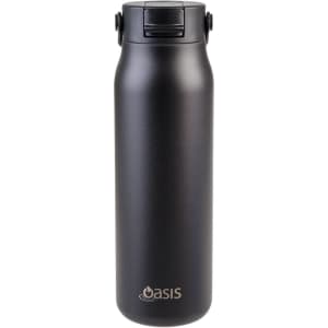 A drink bottle featuring a sleek black design, equipped with a secure lid and a logo.