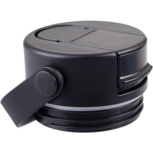 A drink bottle lid in black with a spout and secure closing mechanism, featuring a logo on the side.