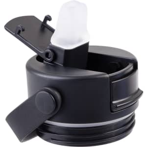 A drink bottle lid featuring a spout design and a locking mechanism, in black colour. The cap is partially opened.