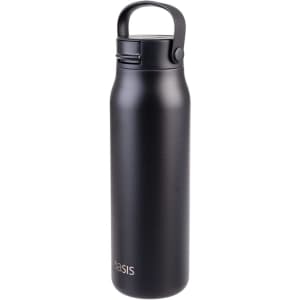 A drink bottle in matte black with a secure lid and a carry handle, featuring a logo on the side.