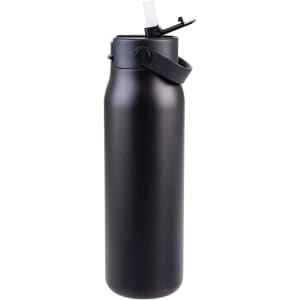 A drink bottle in matte black with a flip-top lid and a carrying handle. It features a branding logo.