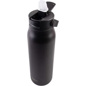 A drink bottle in matte black finish with a flip-top lid and a logo. It features a vacuum insulated design.