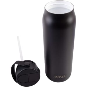 A drink bottle in matte black with a removable lid and straw, featuring a logo on the side.