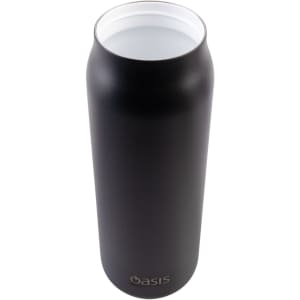 A drink bottle featuring a sleek, matte black finish with a white inner and a small logo at the base.