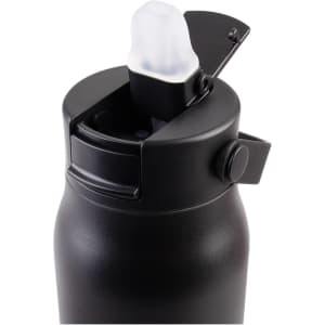 A drink bottle with a black matte finish, featuring a flip-top lid and a built-in spout for easy sipping.