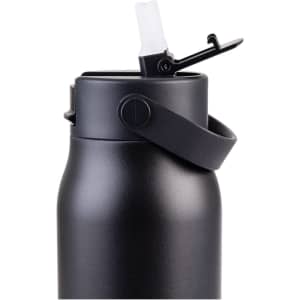 A drink bottle in matte black with a flip-top lid and a carrying strap, featuring a discreet logo.