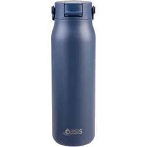 A drink bottle in navy blue with a sleek design and a logo on the front. Features a secure lid for easy sipping.