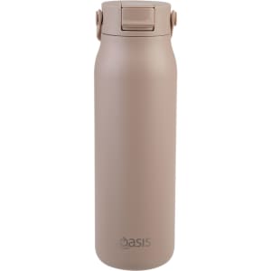 A drink bottle featuring a matte beige finish, with a secure lid and branding logo.