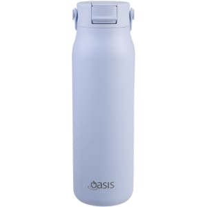 A drink bottle in light blue with a secure lid and a logo on the front.