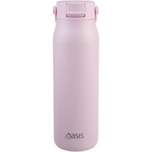 A drink bottle in soft pink with a sleek design and a logo at the bottom. It features a secure lid.