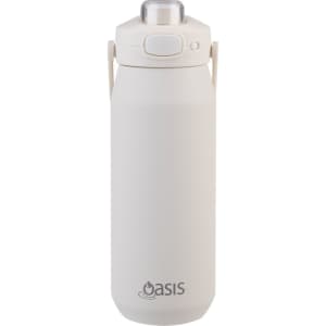 A drink bottle in matte white with a quick release lid and a logo on the front.