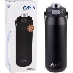 A drink bottle in black, featuring a vacuum quick release lid, displayed next to its packaging with a logo.