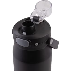 A drink bottle featuring a black matte finish and a clear quick release lid with a small spout.
