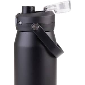 A drink bottle in matte black with a quick release lid and a handle for easy carrying. Includes a visible brand logo.