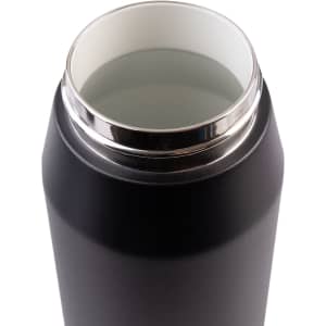 A drink bottle with a matte black finish and a silver-coloured opening, featuring a vacuum quick release lid.