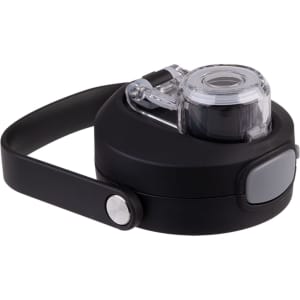 A drink bottle with a black body and clear quick-release lid, featuring a sturdy handle and button mechanism.