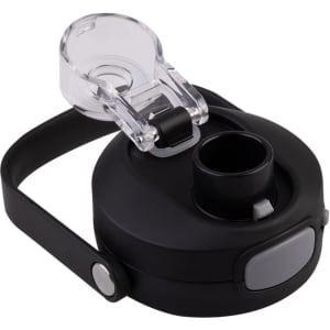 A drink bottle lid in black with a clear quick-release feature and a secure fastening mechanism.