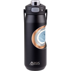 A drink bottle with a matte black finish, featuring a quick release lid and an embedded design, and a logo.