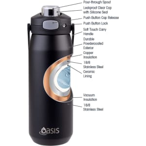 A drink bottle features a black exterior, vacuum insulation, a silicone seal, and a push button cap release.