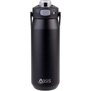 A drink bottle in matte black, featuring a vacuum quick release lid and a logo.