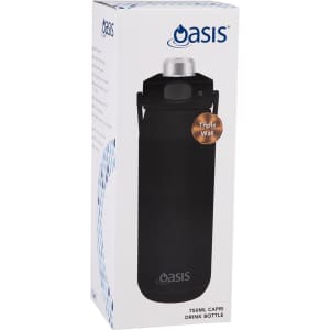 A drink bottle with a black exterior and a quick release lid, featuring a triple wall design and a logo.