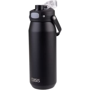 A drink bottle in matte black with a quick-release lid and a carry handle. It features a logo on the front.