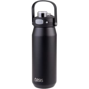 A drink bottle in matte black featuring a quick release lid and a handle, with a logo on the front.