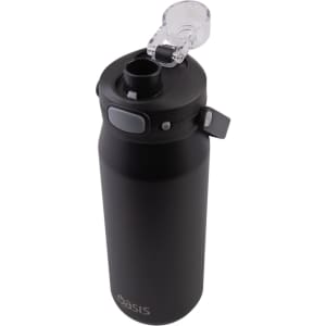 A drink bottle in matte black with a vacuum design and a quick release lid, featuring a logo.