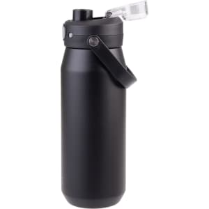 A drink bottle in matte black finish with a vacuum design and a quick release lid. Features a carry handle.