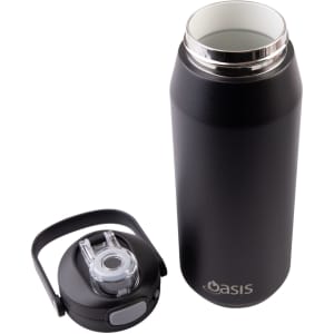 A drink bottle in matte black with a stainless steel interior and a quick release lid. The lid features a handle and a spout, and includes branding.