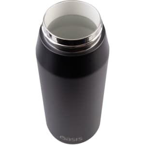 A drink bottle featuring a sleek black design with a stainless steel opening and a silver rim. It has a logo.