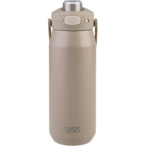 A drink bottle in a light beige colour with a quick release lid and a handle, featuring a logo.