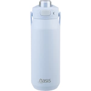 A drink bottle in light blue with a vacuum quick release lid and a carrying handle, featuring a logo.