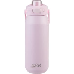 A drink bottle featuring a pink exterior, a quick release lid, and a logo on the front.