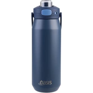 A drink bottle in navy blue with a quick release lid and a logo on the front.