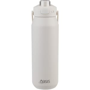 A drink bottle in white with a quick release lid and a logo at the bottom.