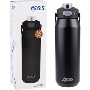 A drink bottle with a black finish and a quick release lid, presented alongside its packaging. It features a logo.