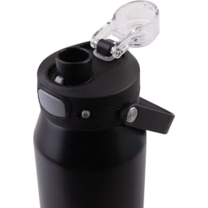 A drink bottle featuring a black, matte finish with a quick release lid and an attached spout for easy pouring.