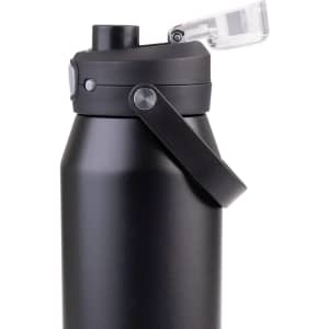 A drink bottle in matte black finish, featuring a vacuum quick release lid and a carrying handle, with a logo.